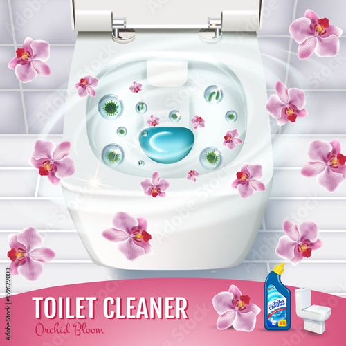 Orchid fragrance toilet cleaner gel ads. Vector realistic Illustration with top view of toilet bowl and disinfectant container