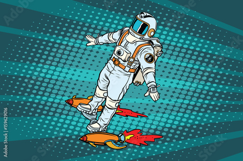 The astronaut is flying on a space rocket skateboard