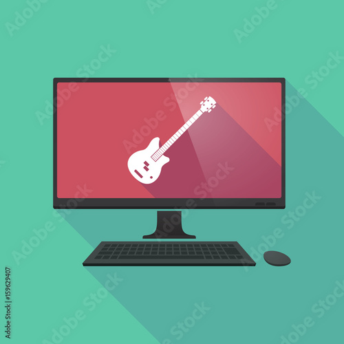 Long shadow computer with  a four string electric bass guitar