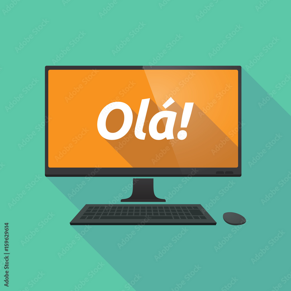 Long shadow computer with the text Hello! in the Portuguese language Long shadow computer with the text Hello! in the Portuguese language