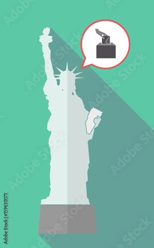 Long shadow statue of liberty with  a hand inserting an envelope in a ballot box