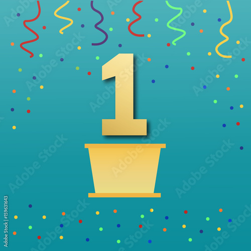 Sport podium in flat style.Winner, number one background confetti on pedestal.Poster or brochure template.Vector an illustration with figure one on a turquoise background