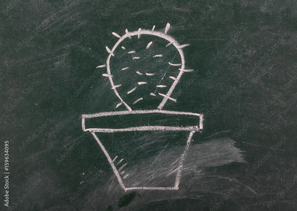 Cactus in pot on chalkboard, blackboard texture Cactus in pot on chalkboard, blackboard texture