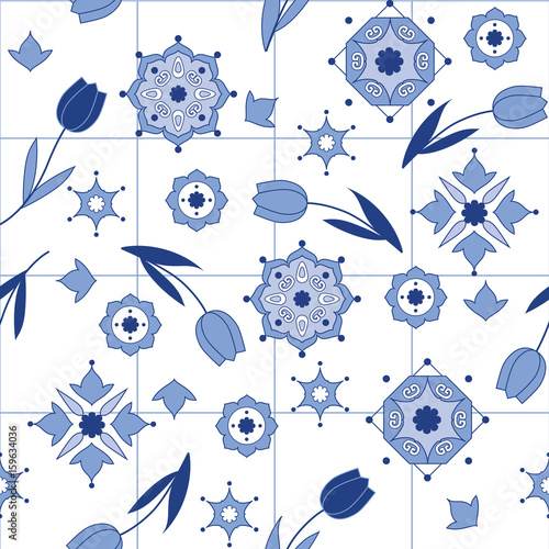 Seamless vector delftware pattern with tulips