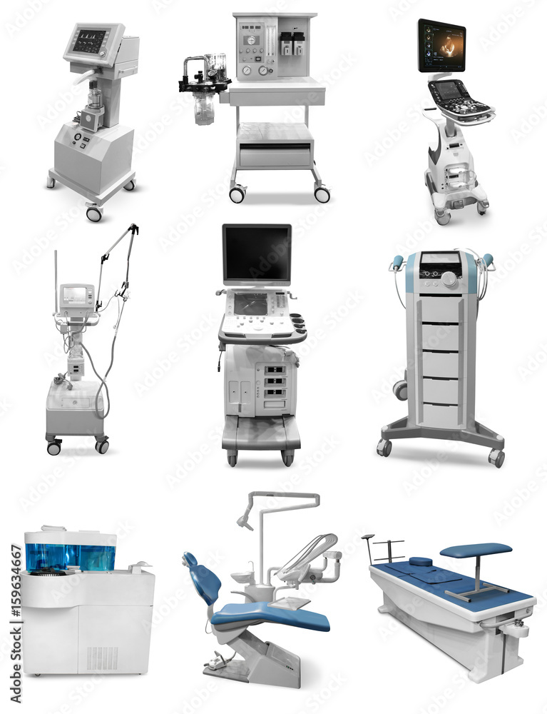 Different modern hospital equipment on white background Different modern hospital equipment on white background
