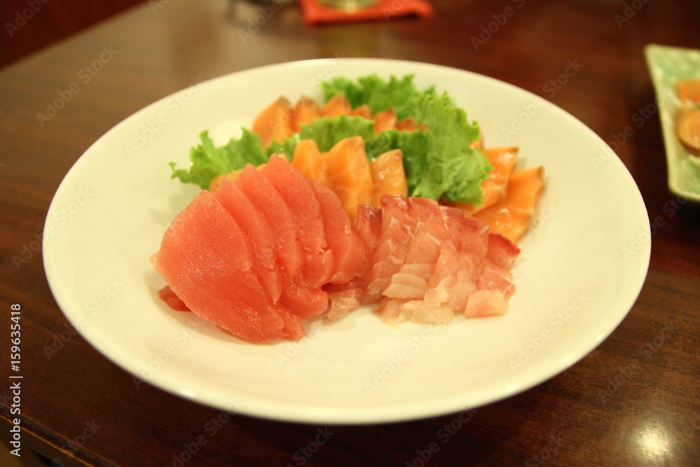 Japanese mixed sashimi - Salmon Maguro Shimaaji Japanese mixed sashimi - Salmon Maguro Shimaaji