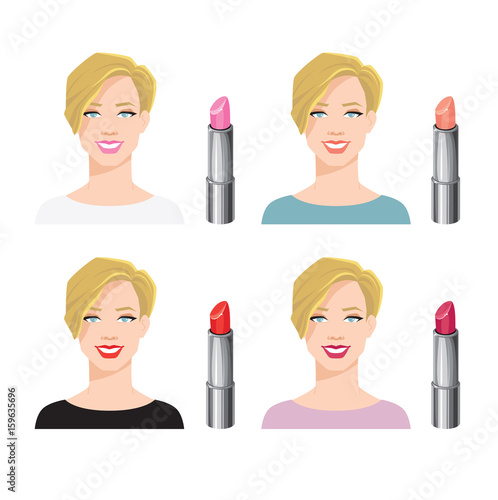 Vector illustration of various color lipsticks isolated on white background. Blondy girl face with short haircut