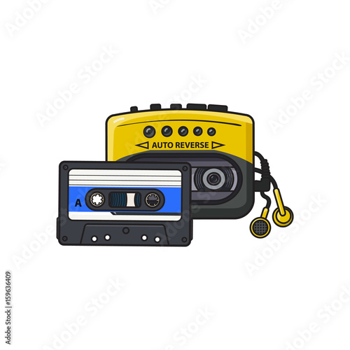 Black and yellow audio player, walkman and audiotape from 90s, sketch vector illustration isolated on white background. Front view of audio player, walkman with audio cassette and ear buds, earphones