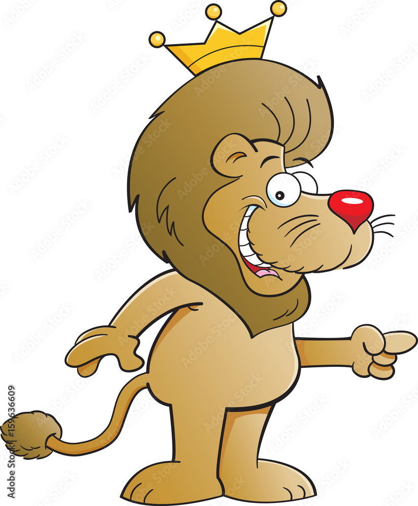 Cartoon illustration of a lion wearing a crown and pointing. Stock ...