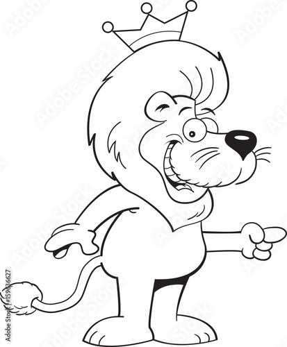 Fototapeta Naklejka Na Ścianę i Meble -  Black and white illustration of a lion wearing a crown and pointing.