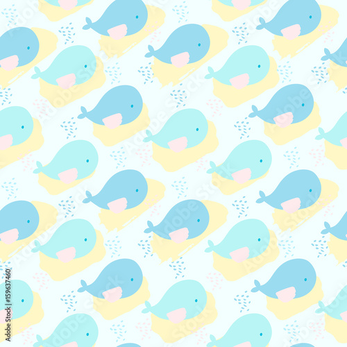 Whales and abstract spots seamless vector background