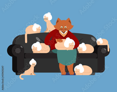 Cat and grandmother in parallel universe. Big pet and old woman. Grandmothers Lover