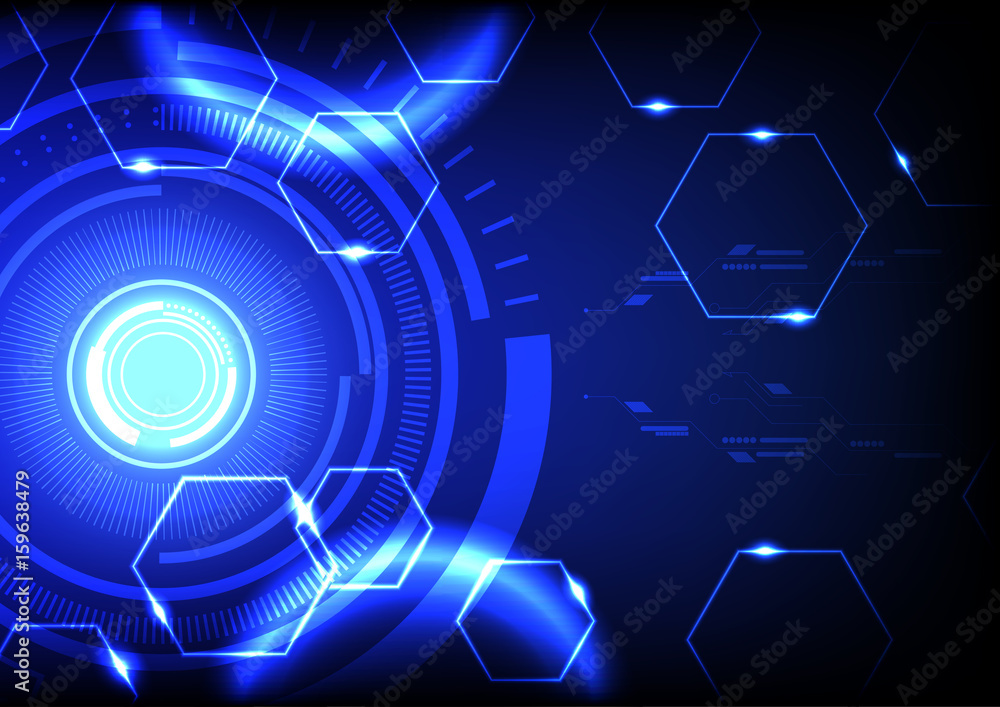 Futuristic light circle with small hexagons on blue background