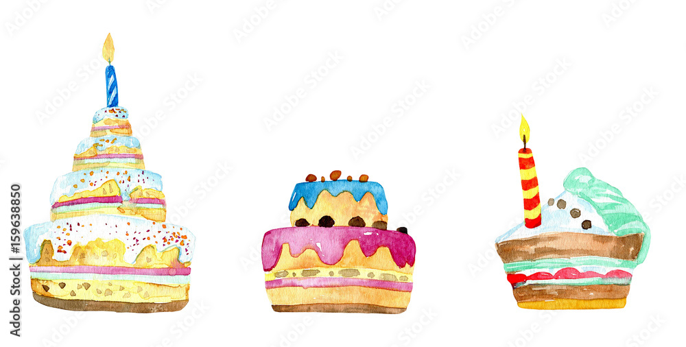 Birthday cake hand painted watercolor illustration, bakery, baked