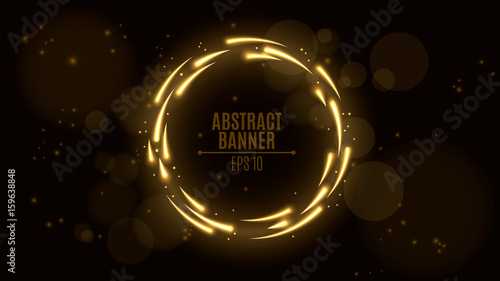 Luminous neon banner of golden color. Shining lights in motion with small particles. Glare bokeh. Flying motes and lights. Banners for the web. Vector illustration