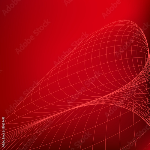Abstract red background. Curves geometric diverging fine lines in perspective