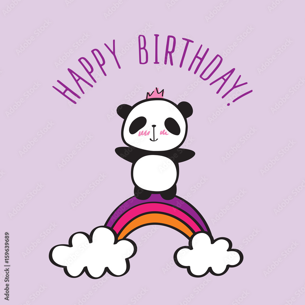 Happy Birthday card. Hand drawn panda with rainbow for your design. Doodles, sketch. Vector illustration. Happy Birthday card. Hand drawn panda with rainbow for your design. Doodles, sketch. Vector illustration.