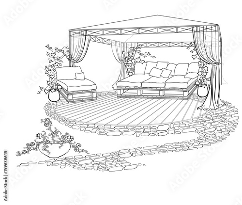  landscaped courtyard  sofa umbrella