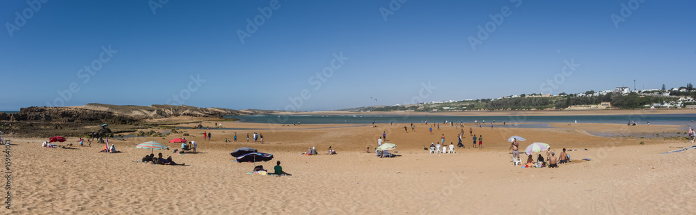 Panorama of beach Oualidia lagoon in same name village in Atlantic ocean coast, Morocco Panorama of beach Oualidia lagoon in same name village in Atlantic ocean coast, Morocco
