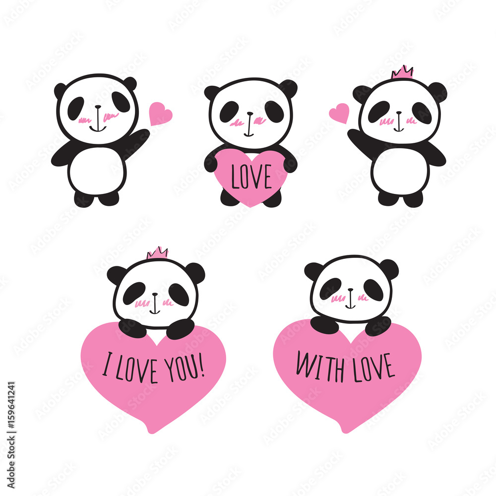Obraz premium Set of cute pandas with hearts. Elements for Valentine's Day, birthday, Mother's Day, wedding. Hand drawn illustration for your design. Doodles, sketch. Vector.