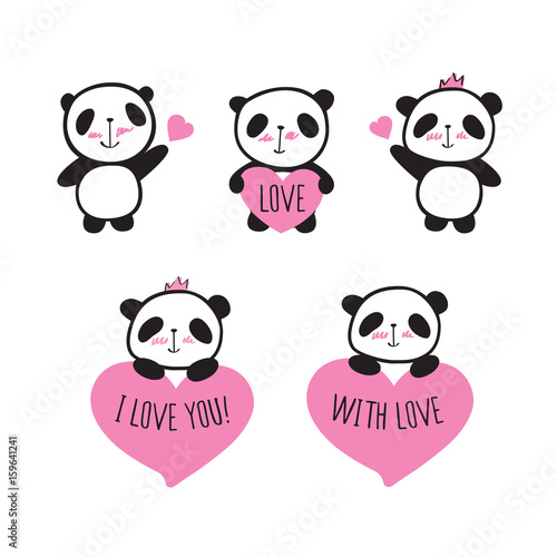 Fototapeta Naklejka Na Ścianę i Meble -  Set of cute pandas with hearts. Elements for Valentine's Day, birthday, Mother's Day, wedding. Hand drawn illustration for your design. Doodles, sketch. Vector.