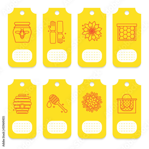 Set of tags for beekeeping, honey, apiary. 8 yellow cards for decoration of packaging of cometics, soap, honey products, pollen, propolis