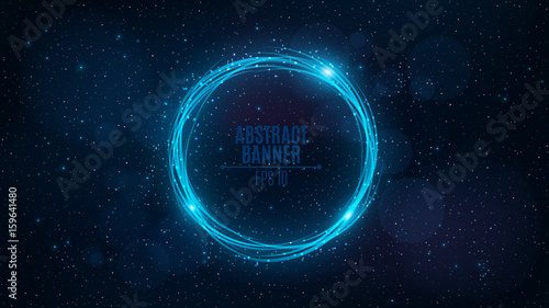 Rotating banner of neon, glowing blue lines against the background of the starry sky. Flying particles. Space pattern for the project. Big and fantastic galaxy. Vector illustration