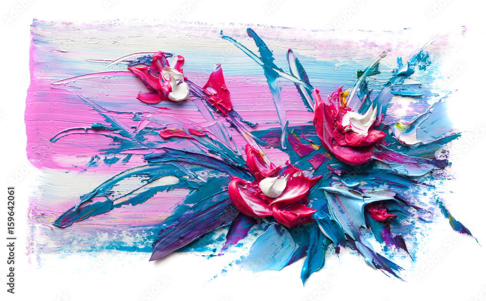 Fototapeta Kwiaty olejne pędzlem malowane, niebiesko różowe