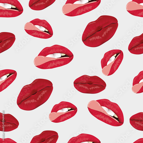 The pattern of female lips. A set of lips with an open mouth and teeth. A pattern of lips on a light background.