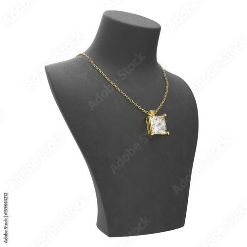 3D illustration gold necklace with diamonds on a black mannequin