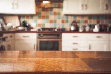 blurred kitchen interior and napkin and desk space