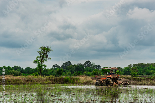 Thai farmer plowing the land before rice farming season. © pattana