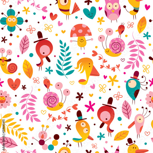 flowers birds snails characters nature seamless pattern