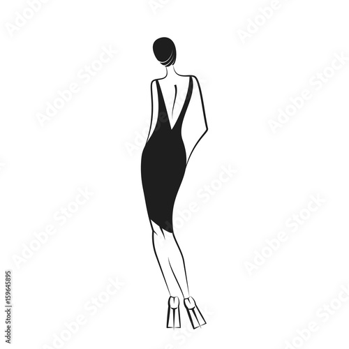 woman in the ball gown black silhouette. Back view. Vector