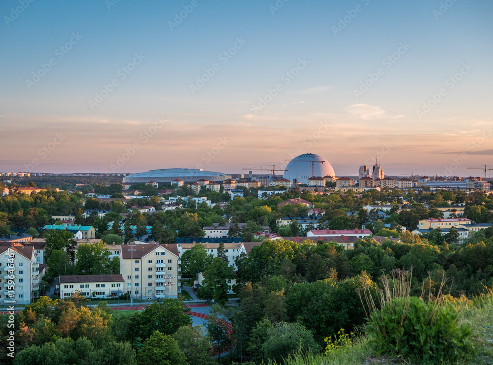 Panoramic view of Globen and Nya Söderstadion in south of Stockholm.