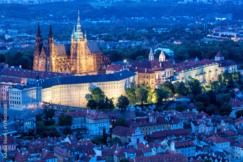 Prague, blue hour view of Prague Castle and Saint Vtus cathedral in Czech Republic