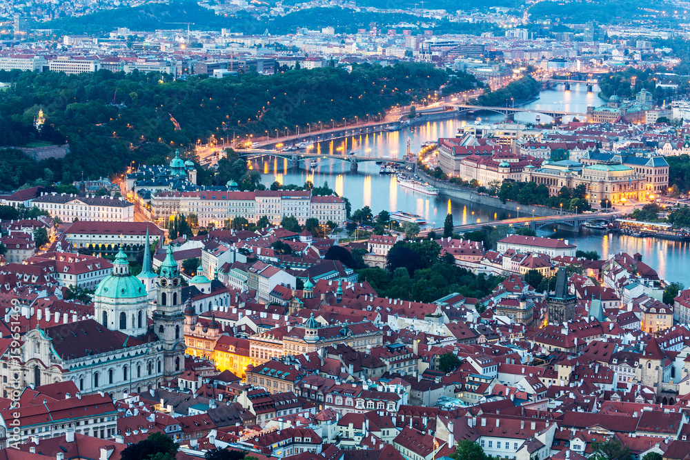 Prague at twilight blue hour, view of Prague Castle and Saint Vitus cathedral in Czech Republic