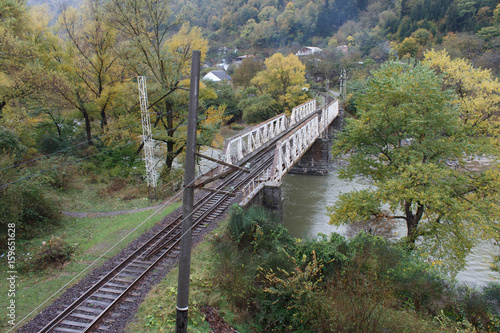 The massive railway bridge across the river, Populated place. Steel supporting structure