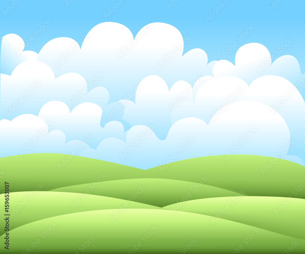 Vector illustration.Bright nature landscape with sky, hills and grass. Rural scenery. Field and meadow