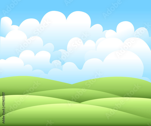 Vector illustration.Bright nature landscape with sky, hills and grass. Rural scenery. Field and meadow