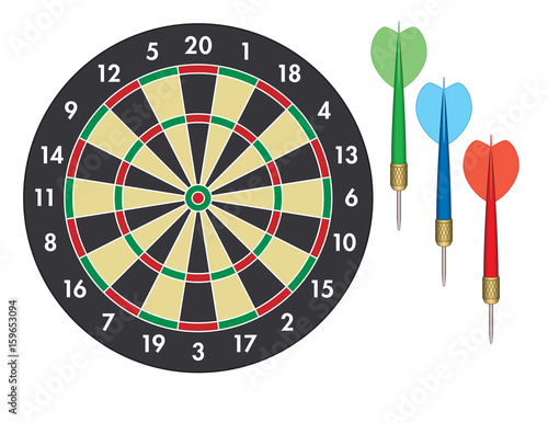 dart board with 3 darts, green, blue and red isolated on a white background
