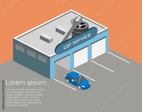 Isometric flat 3D isolated Car service building or car repair