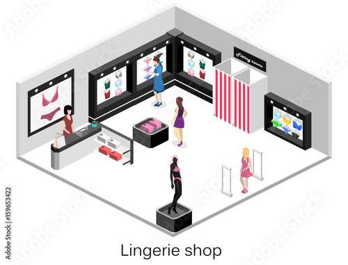 Isometric flat 3D isolated concept vector cutaway interior lingerie store