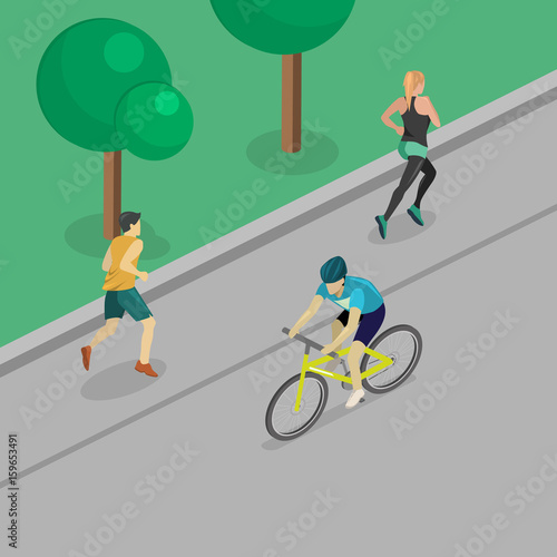 park girl and guy are jogging, cyclist rides along road