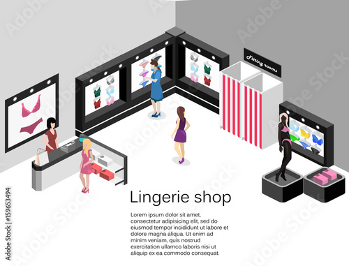 Isometric flat 3D isolated concept vector cutaway interior lingerie store