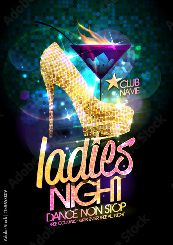 Ladies night vector illustration with gold crystals high heeled shoes and burning cocktail.