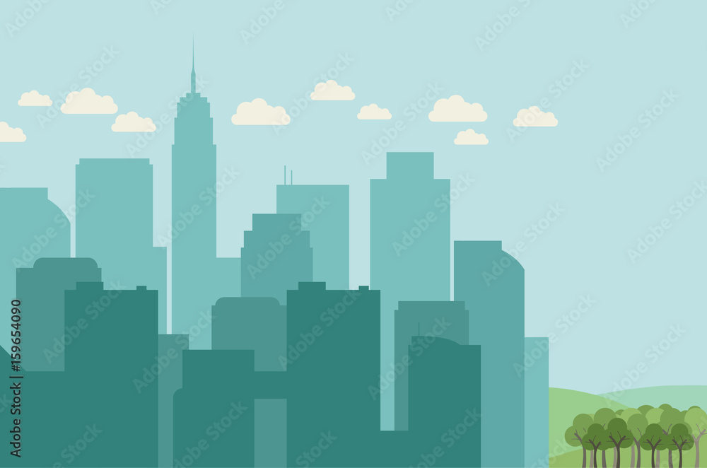 Flat design city landscape with silhouettes of buildings and forest on one side