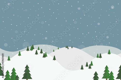 Flat design winter landscape with white hills, trees and falling snow