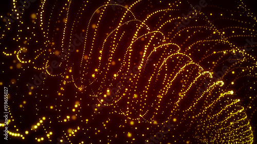 Gold glitter particles explosion and twist.Glowing shiny dots. © amatmaximus