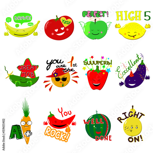 Vector Achievement school Labels. Set of 16 vector stickers with fruits and vegetables